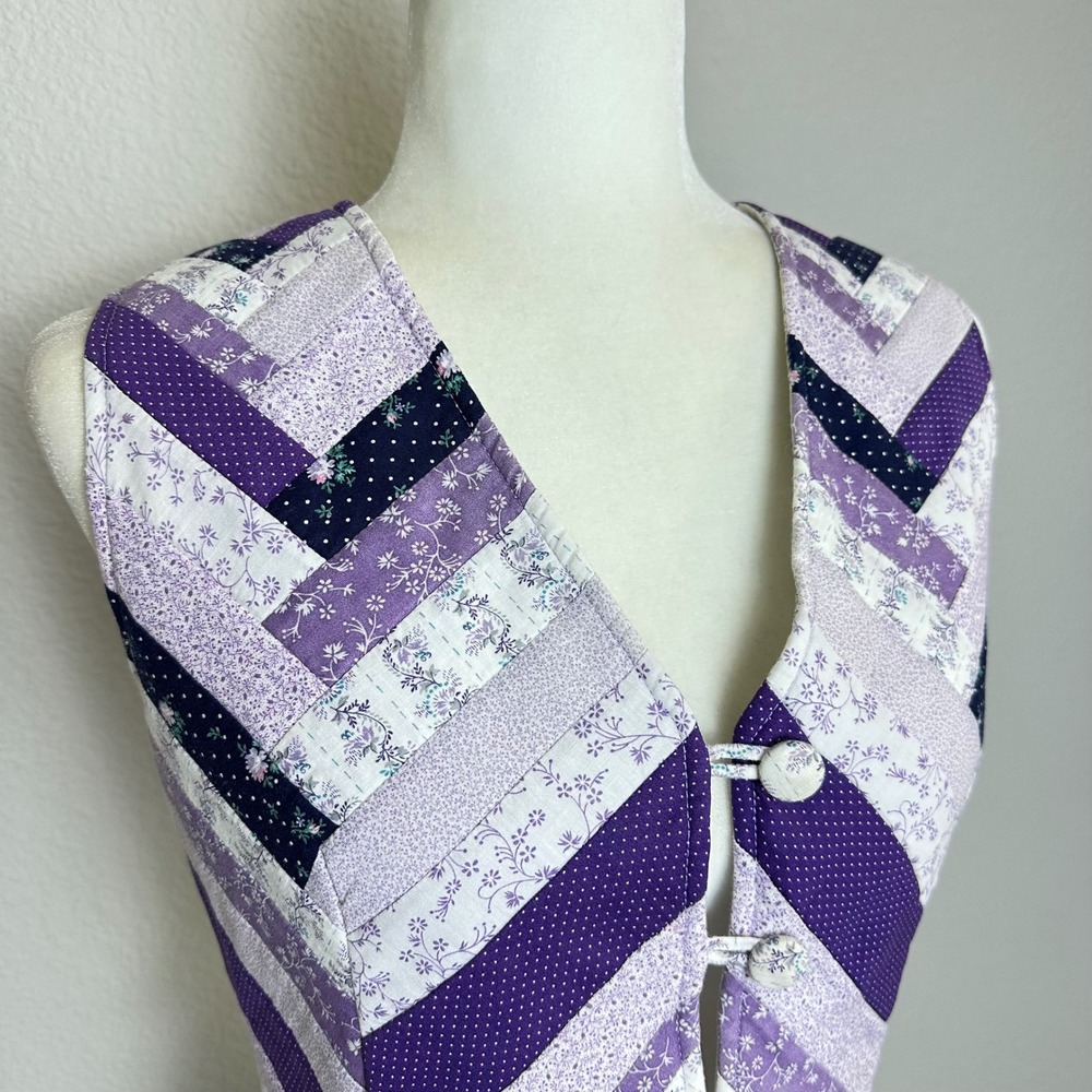 Handmade Purple Quilted Patchwork Vest Floral Chevron Cottagecore XS Small - Picture 2 of 7